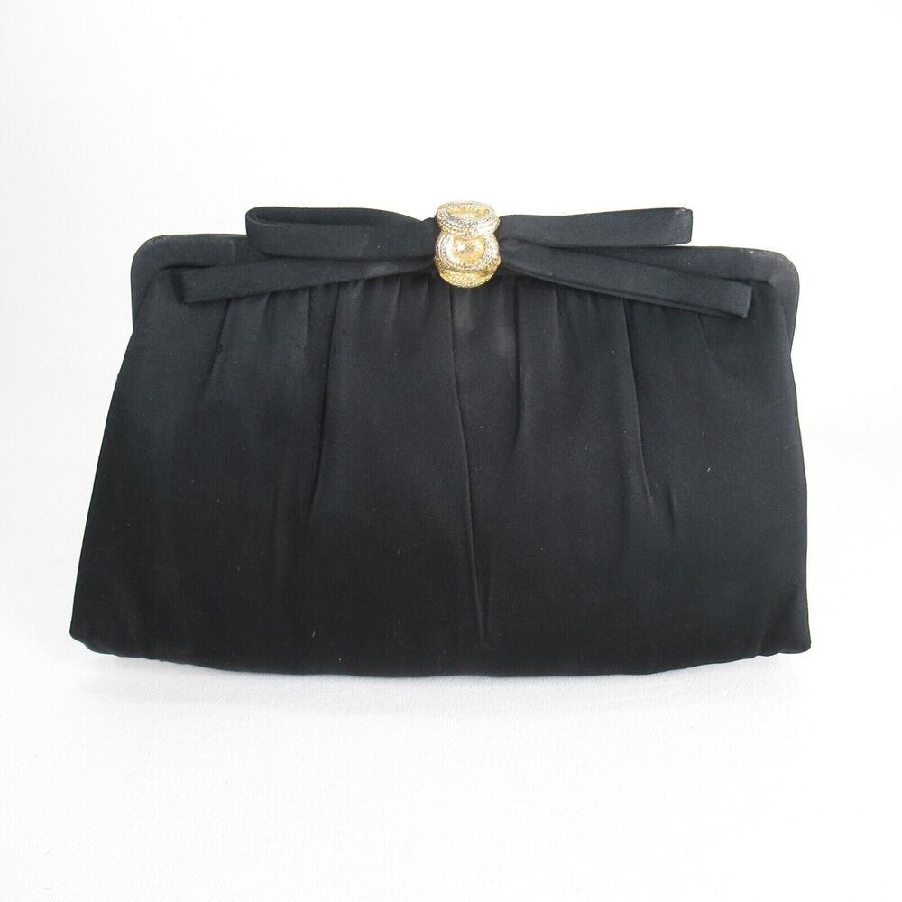 Vtg After Five Handbag Women Black Acrylic Gold Tone Bow Clutch Purse Bag